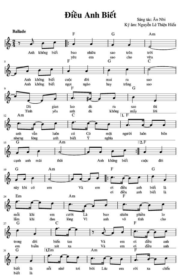 Sheet nhạc Điều Anh Biết